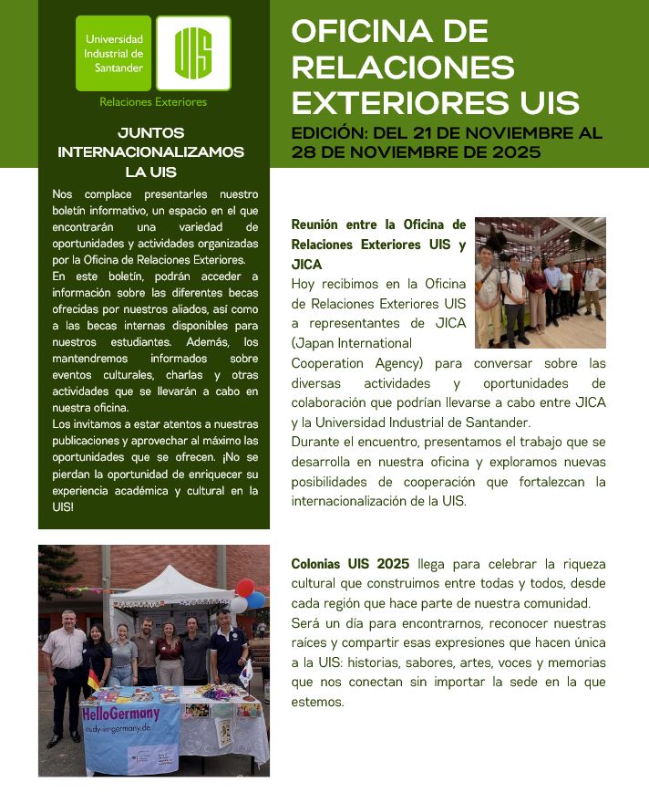 Portada del Boletín Informativo del 21 al 28 de noviembre de 2025 de la Dirección de Relaciones Exteriores
